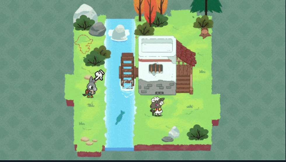 screenshot from A Tiny Sticker Tale featuring Flynn the donkey near a water mill, surrounded by colorful trees, villagers, and a flowing river with a fish