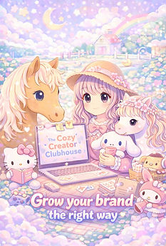 cute pastel illustration of a girl and two horses and a lap top that says the cozy creator clubhouse in a dreamy meadow