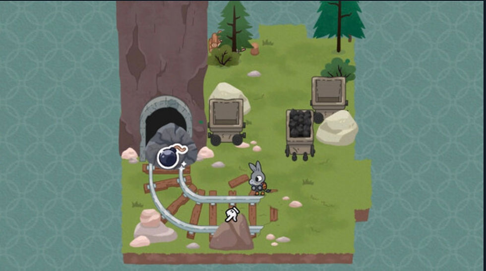 Scene from A Tiny Sticker Tale showing Flynn the donkey near a blocked mine entrance with coal carts and a bomb sticker ready to clear the path
