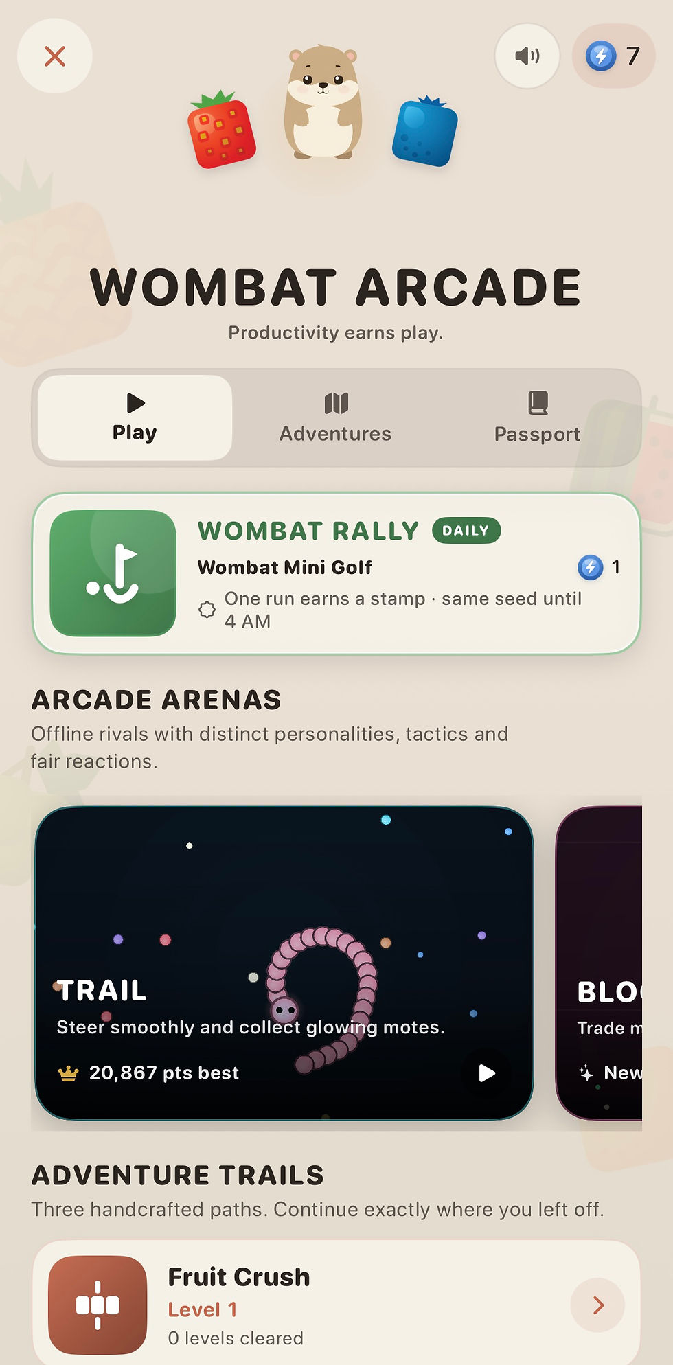 LiftPal Wombat Arcade screen featuring a cute virtual wombat and game modes