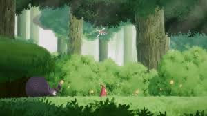 Hoa walking through a peacefu. forest filled with light and greenery- a quiet, reflective moment from the indie game Hoa