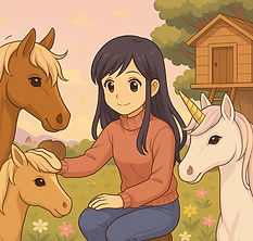 girl with horses and unicorn at cozy creator clubhouse treehouse
