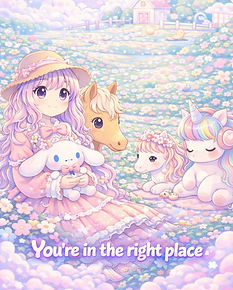 cute pastel illustration of a girl holding a sanrio character with horses in a dreamy meadow