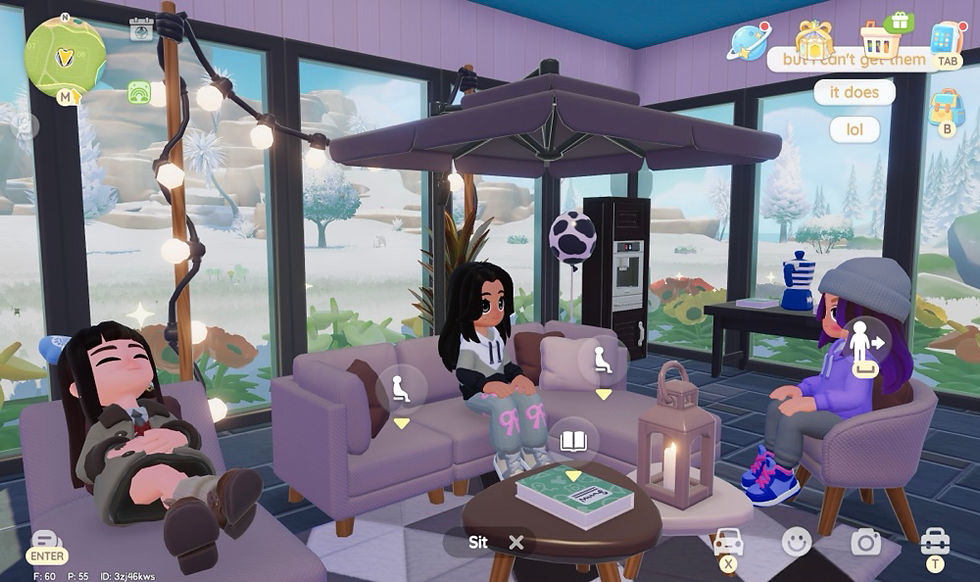 Cozy life simulator game screenshot of three friends sitting inside a glass-walled she shed with fairy lights, modern furniture, and a winter landscape