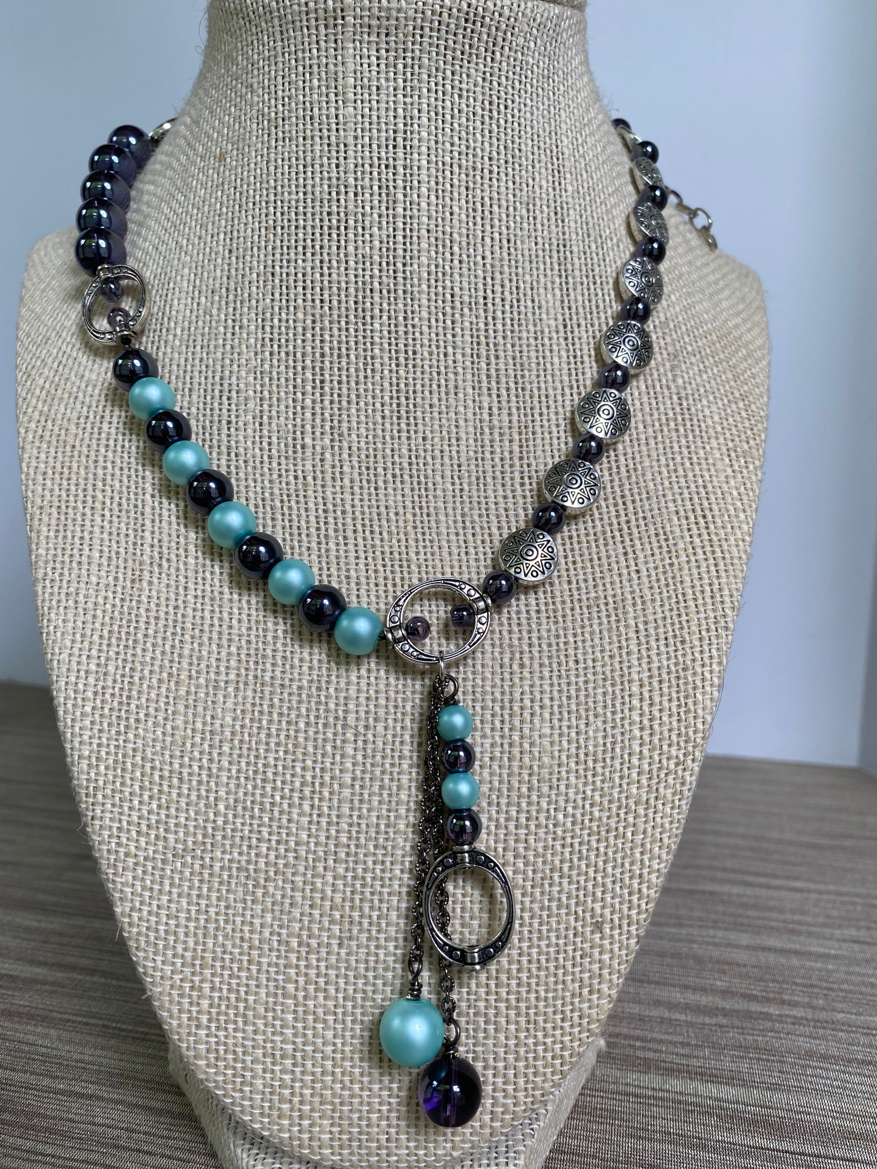 16+3” navy and pastel asymmetric necklace with charm