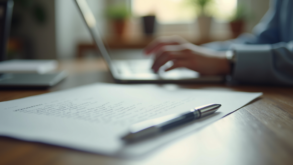 Eye-level view of a desk with a neatly written letter and pen