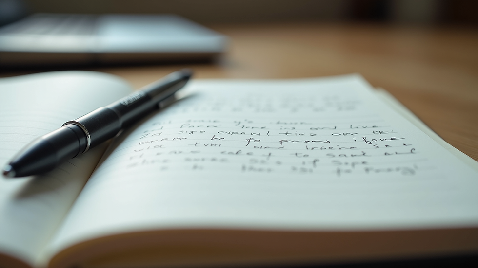 Close-up view of a notebook with handwritten notes and a pen