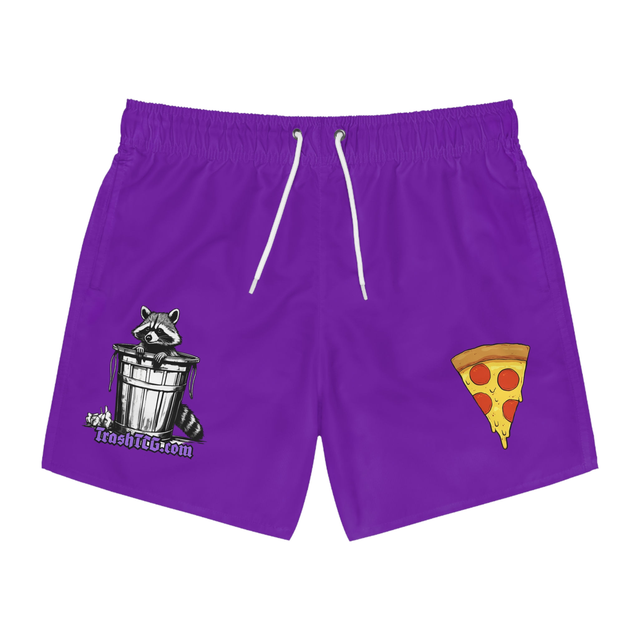 Purple Pizza & Raccoon Swim Trunks — Fun Graphic Beach Shorts