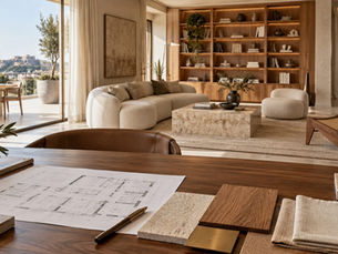 Μελέτη interior design για ανακαίνιση κατοικίας με κάτοψη, δείγματα υλικών και σύγχρονο καθιστικό