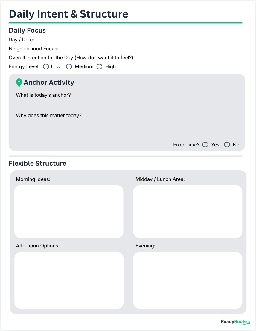 Thumbnail: ReadyRoute trip planner page for organizing daily plans and anchor activities while traveling