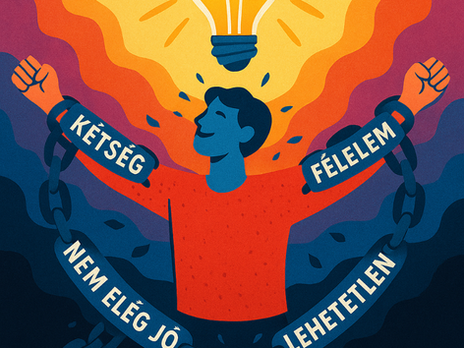 Egy ember széttöri a láncokat, amelyeken önkorlátozó hiedelmek feliratai olvashatók: „Kétség”, „Félelem”, „Nem elég jó”, „Lehetetlen”. A háttérben egy világító villanykörte szimbolizálja a felismerést és a kitörést a korlátokból.