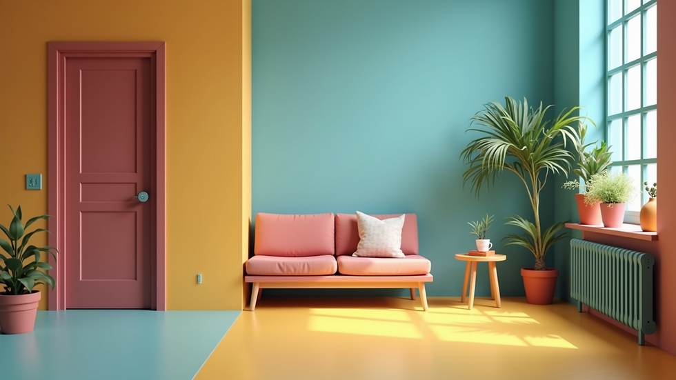 Wide angle view of a creative workspace with colorful furniture