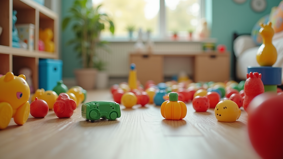 Eye-level view of colorful playroom with toys neatly arranged