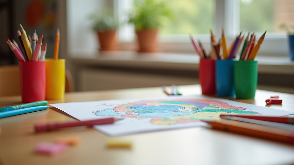 Close-up view of a colorful children’s activity table with art supplies