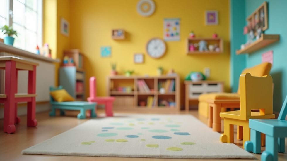 Eye-level view of colorful playroom with toys and child-sized furniture