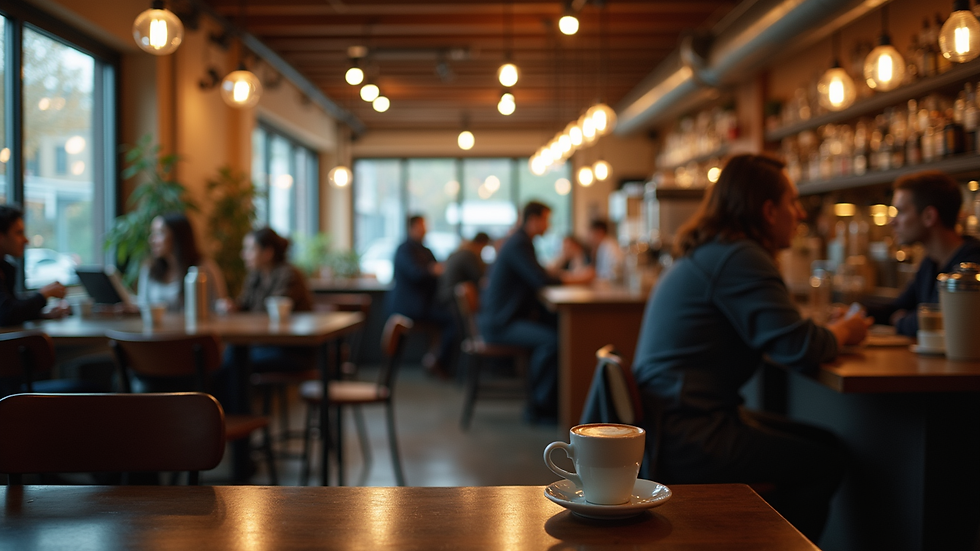 Eye-level view of a cozy coffee shop interior with people engaged in conversation