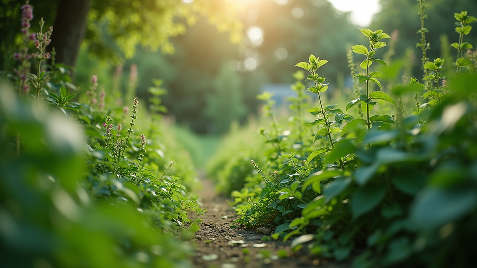 Eye-level view of a lush green garden with diverse plants