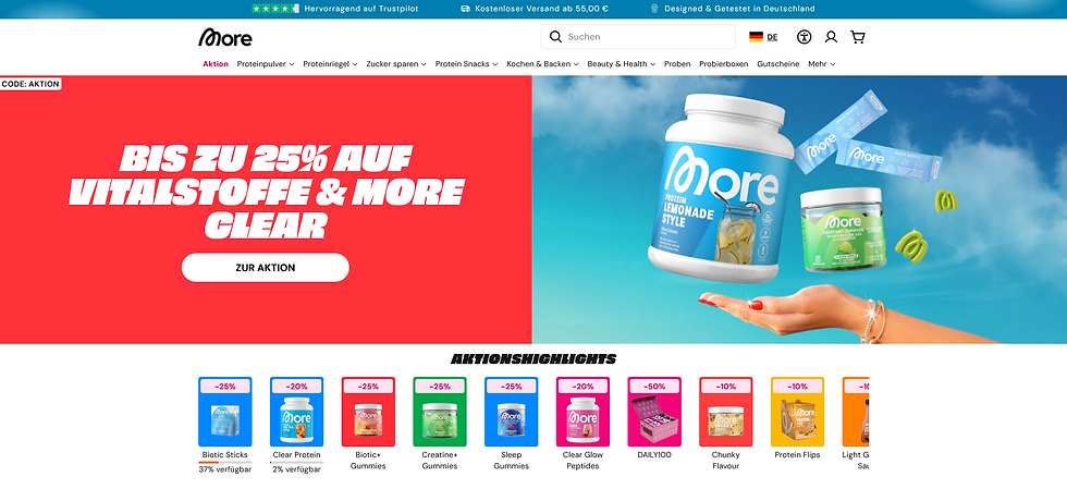 Website-Ansicht von More Nutrition mit Produktangeboten und großflächiger Werbegestaltung. Das Bild steht beispielhaft für stark sichtbare Marken, Community-Aufbau und aufmerksamkeitsgetriebenes Wachstum – Thema im Marketingblog von Easy Ending, Werbeagentur für kreatives Marketing.