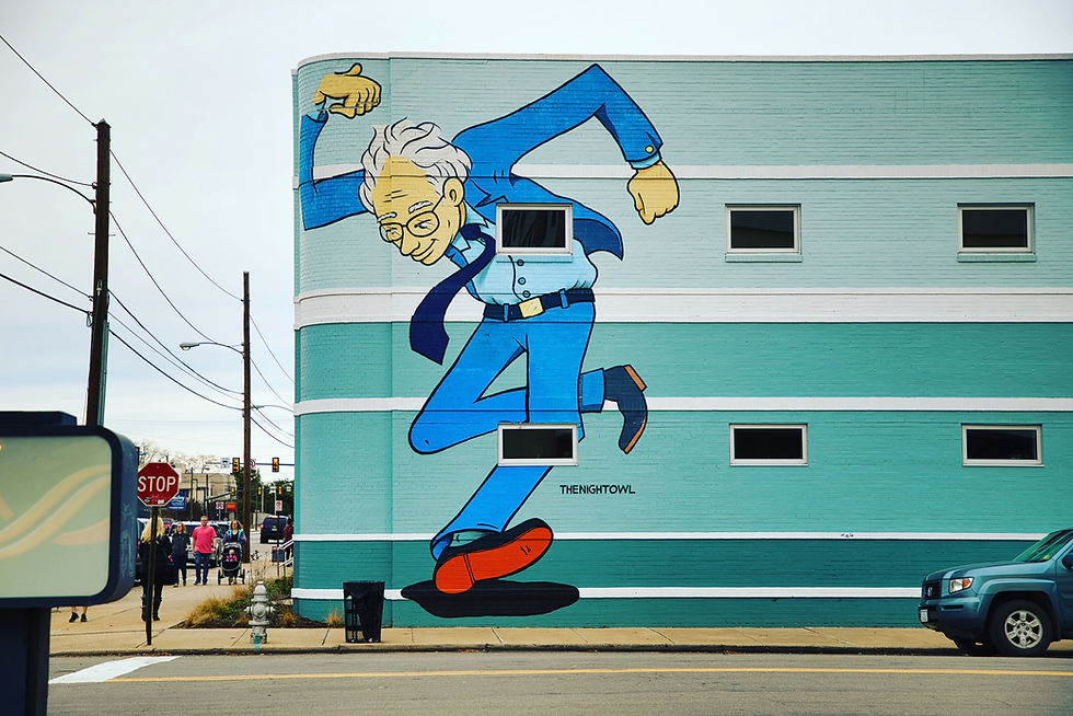 Mural eines tanzenden Mannes auf Hauswand, kreative Illustration für Blog über Markenkommunikation der Werbeagentur Easy Ending