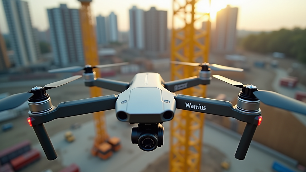 Eye-level view of a drone surveying a construction site