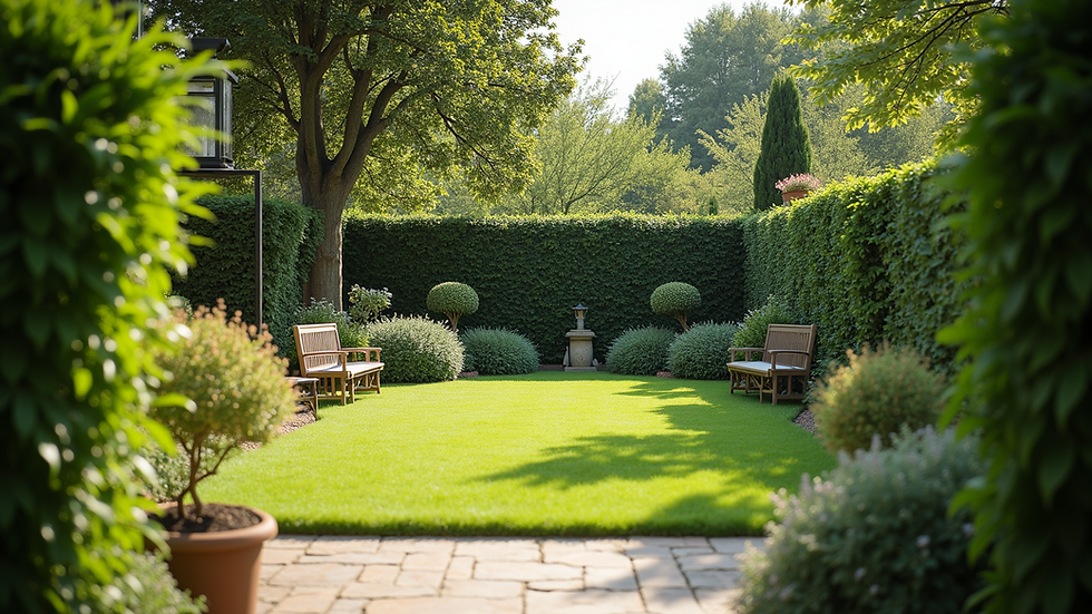Wide angle view of a peaceful garden with seating