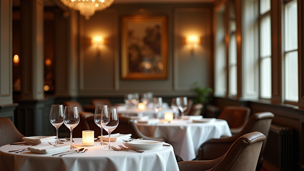 Wide angle view of a luxury restaurant setting with elegant table arrangements