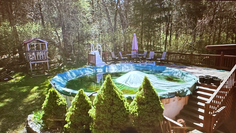 overgrown backyard pool area with dated decking and wooded surround