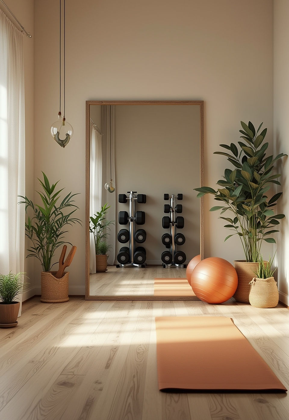 plants in sunlit gym with wood flooring and workout equipment and large standing mirror