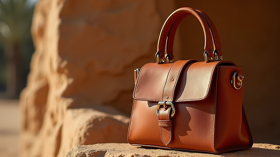 Close-up de bolsa de couro marrom com acabamento artesanal
