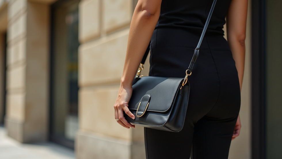 Eye-level view de vestido de couro preto com cinto fino e bolsa pequena