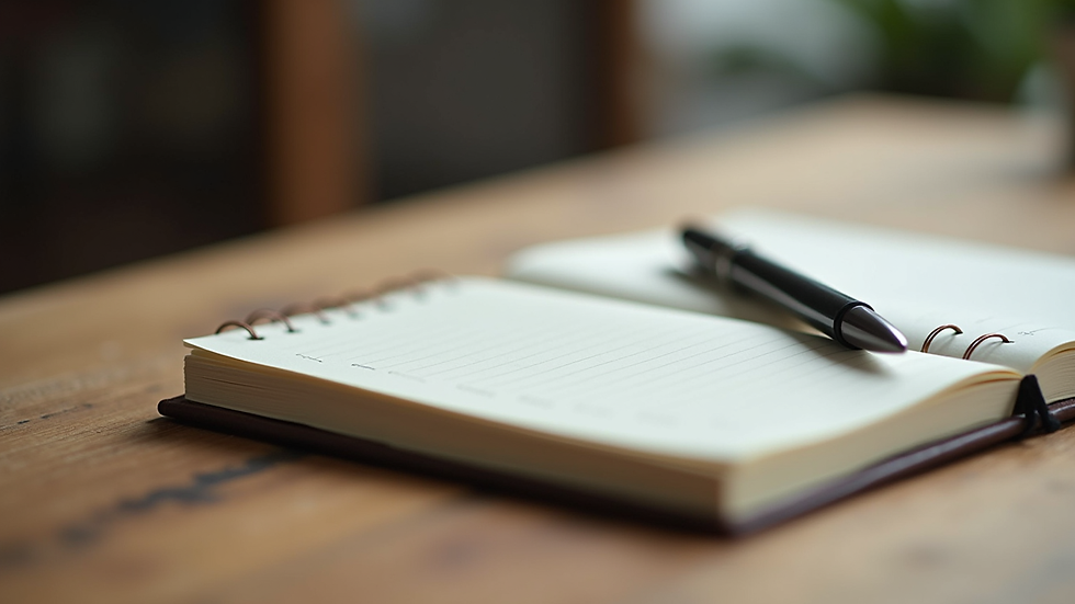 Close-up view of a journal and pen on a wooden table