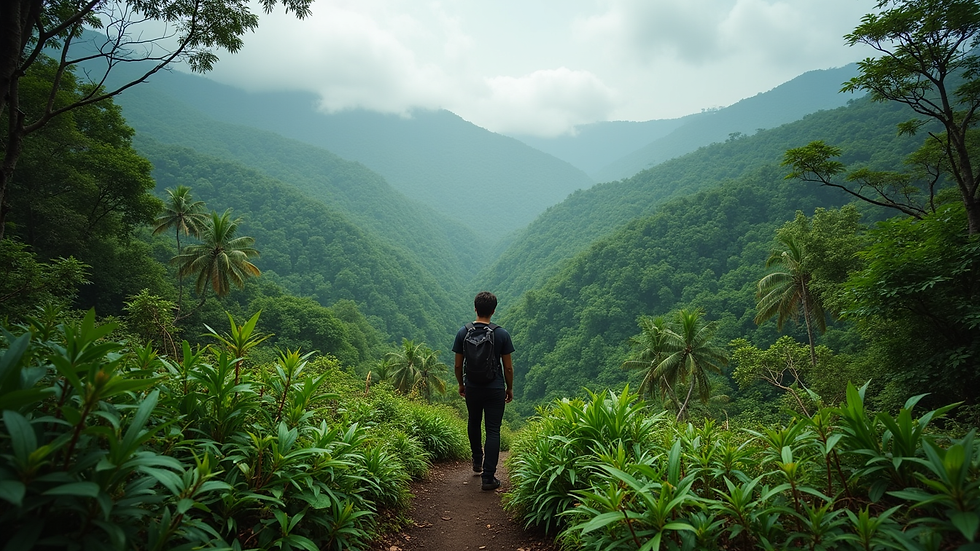 Eye-level view of a hiker overlooking a lush green rainforest in Costa Rica