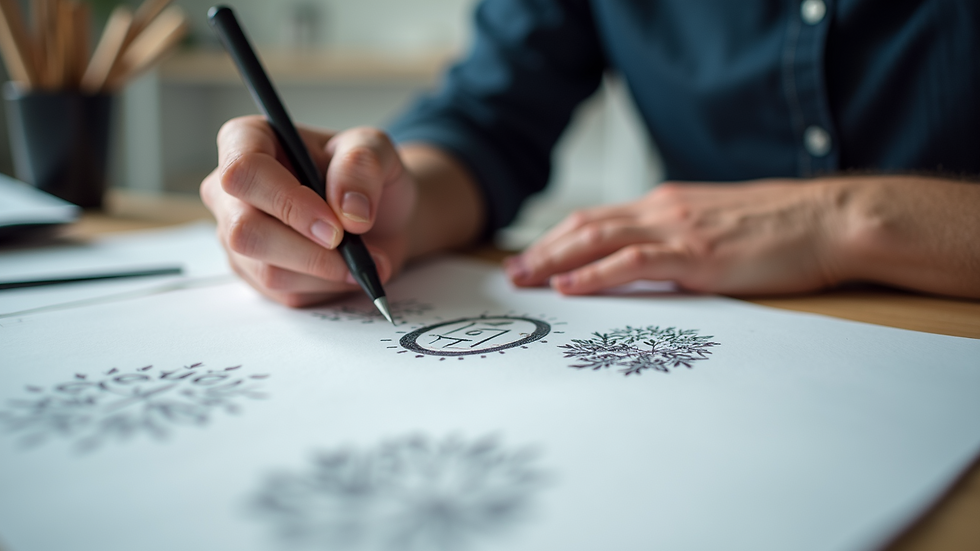 Eye-level view of a designer sketching logo concepts on paper