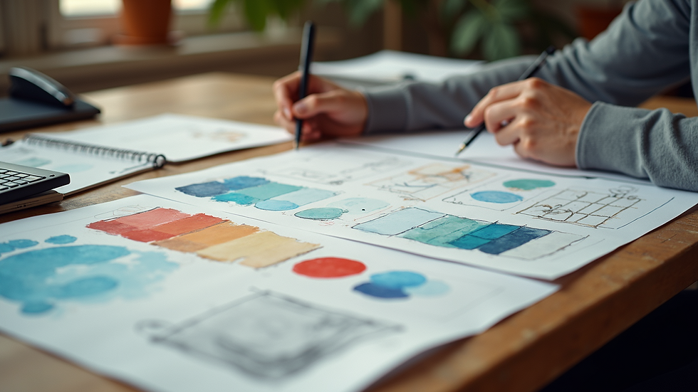 High angle view of a designer’s desk with sketches and colour swatches