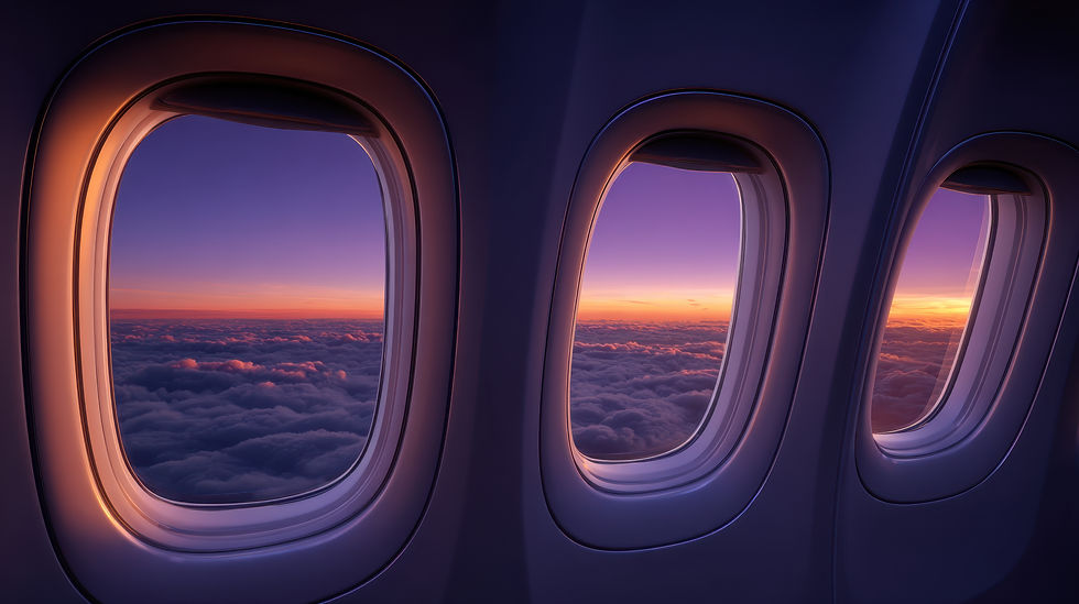 Row of aircraft cabin window with inflight sunset view
