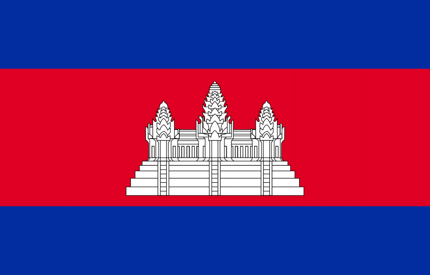Oficjalna flaga Kambodży, poziomy czerwony pas na niebieskim tle z ryciną Angkor Wat