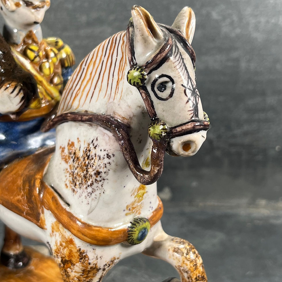 Thumbnail: Earthenware statuette – Soldier on horseback – 19th century – France (Desvres / Saint-Amand)