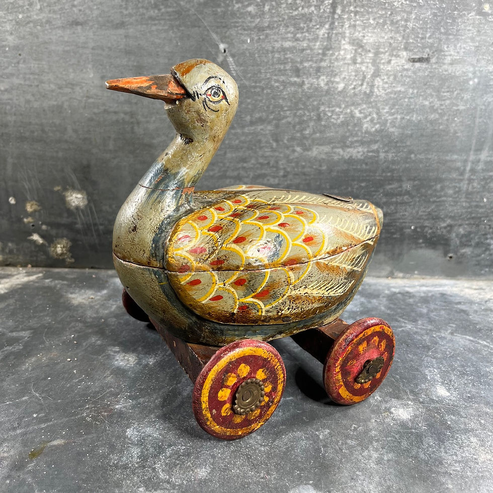 Ancien Jouet à Tirer - Canard en Bois Polychrome - Vintage. Début XXème
