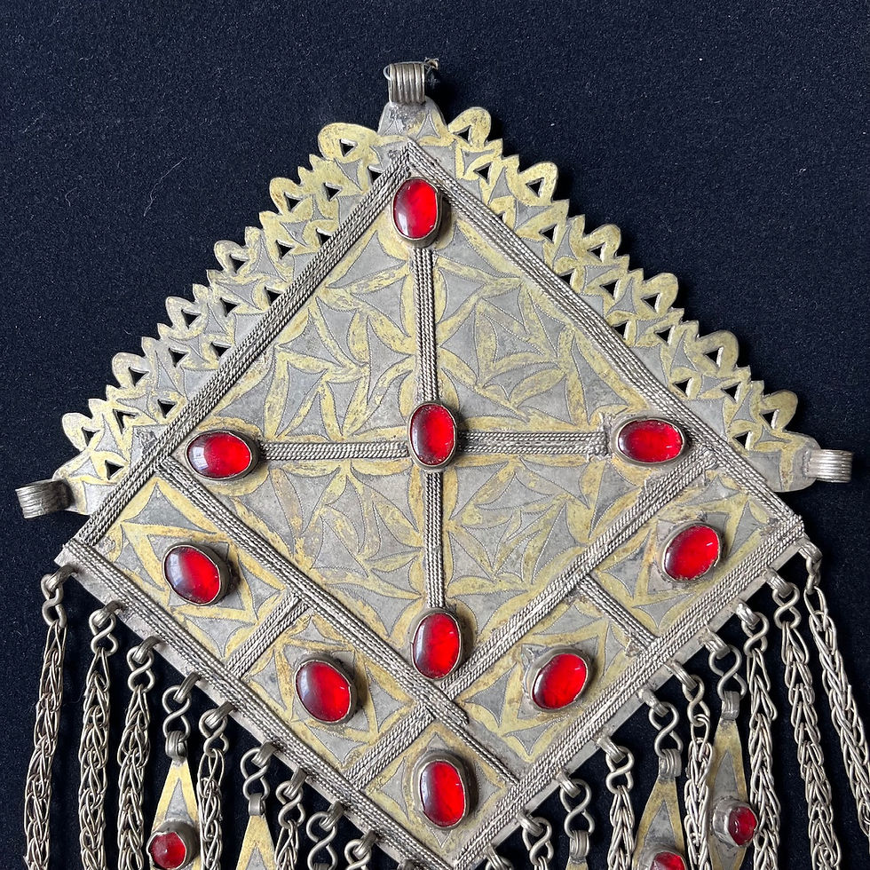 Miniature : Pendentif turkmène XIXe siècle en argent filigrané - Cabochon agate/cornaline