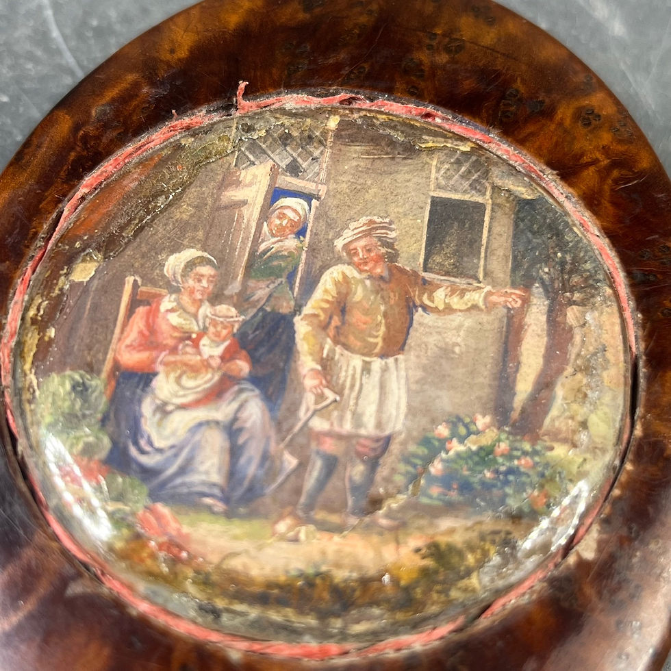Thumbnail: 19th-century snuffbox made of burl wood, painted decoration under glass, Biedermeier style