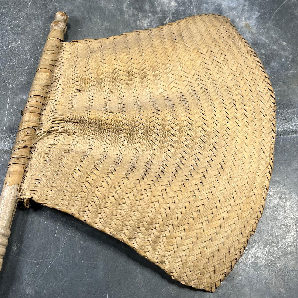 Thumbnail: Antique fan made of woven palm leaves and turned wood – British India, late 19th century