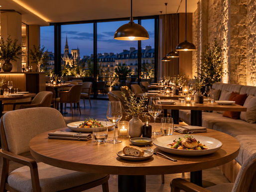 Salle de restaurant à l’heure bleue, tables en bois éclairées par des suspensions et mur de pierre mis en lumière.