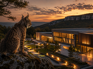 Lynx observant un bâtiment d'architecture contemporaine éclairé dans le Jura au coucher du soleil, symbole de la précision en éclairage architectural.