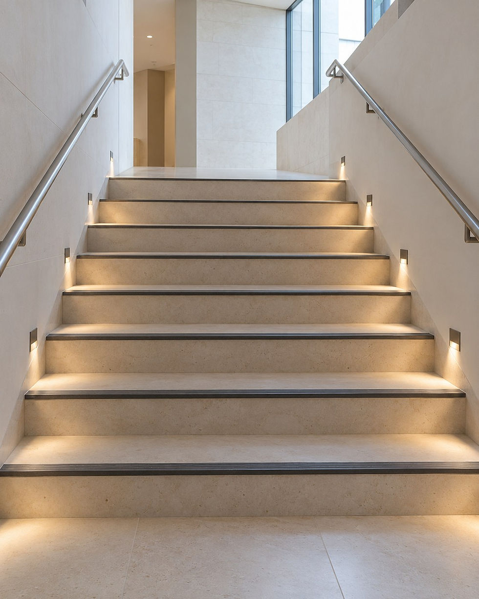 Escalier intérieur en pierre claire, mains courantes et luminaires latéraux dirigés vers les marches.