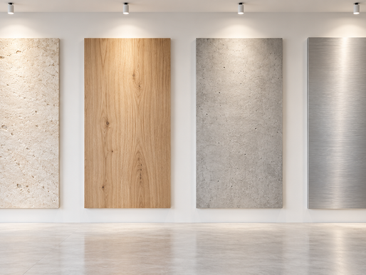 Quatre panneaux de pierre claire, de bois, de béton et de métal brossé éclairés dans un espace épuré.