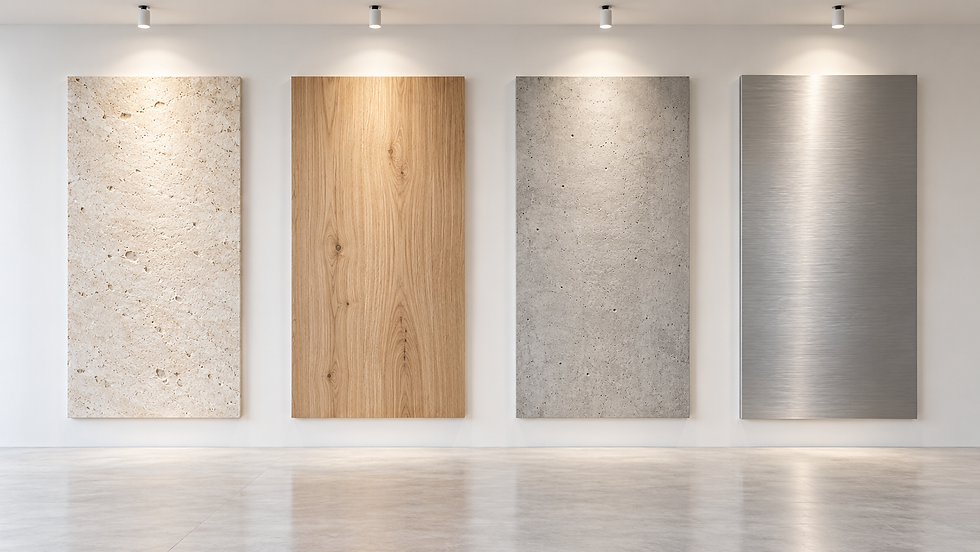 Quatre panneaux de pierre claire, de bois, de béton et de métal brossé éclairés dans un espace épuré.