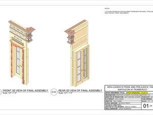 Pride and Prejudice, Part Two Flat G Shop Drawing Sample (1)
A sample page from Wesley Carney's shop drawing for the "Flat G" set piece. This page features 3D views of the final assembly.
Photo credits: Wesley Carney