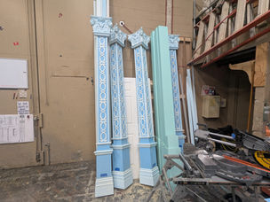Pride and Prejudice, Part Two Process Photo (16)
A process photo from the construction of the "Pilaster" set pieces. This photo features several completed pilasters.
Photo credits: Wesley Carney
