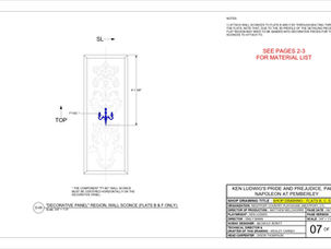Pride and Prejudice, Part Two Flats B, C, E, and F Shop Drawing Sample (2)
A sample page from Wesley Carney's shop drawing for the "Flat B, C, E, and F" set pieces. This page features the location for a wall sconce attachment.
Photo credits: Wesley Carney