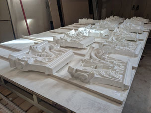 Pride and Prejudice, Part Two Process Photo (13)
A process photo from this show's set build. This photo features pilaster capitals after they were laid out and sprayed with a base coat of paint.
Photo credits: Wesley Carney